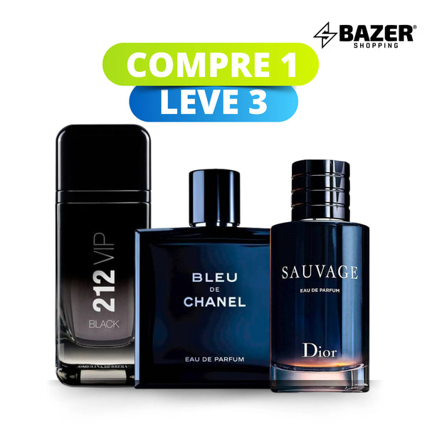 QUEIMA DE ESTOQUE - 3 Perfumes Masculinos Importados(100ml cada) - Sauvage Dior | Bleu de Chanel| 212 VIP Black
