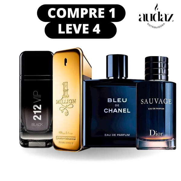 QUEIMA DE ESTOQUE - 4 Perfumes Masculinos Importados (100ml cada) - Sauvage Dior l Bleu de Chanel l 212 VIP Black l 1 Million