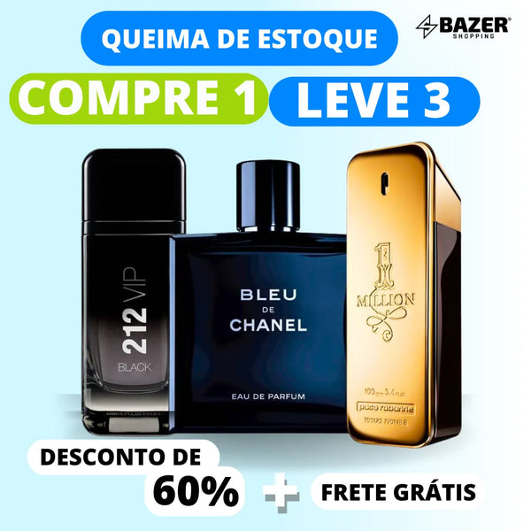 QUEIMA DE ESTOQUE - 3 perfumes masculinos importados (100ml cada) - Bleu de Chanel - 212 vip Black - One million