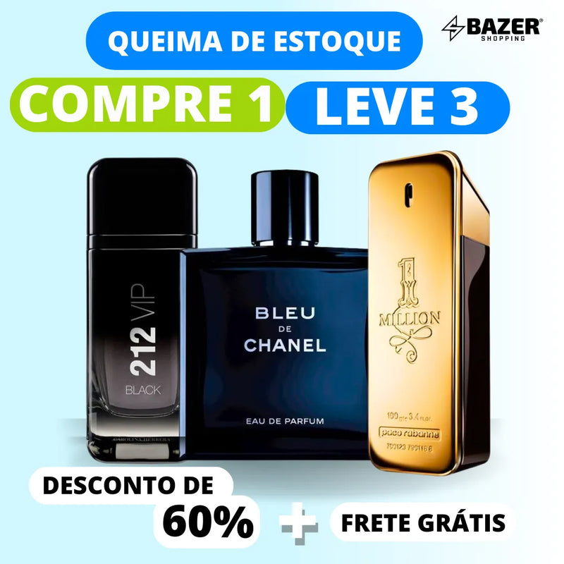 QUEIMA DE ESTOQUE - 3 perfumes masculinos importados (100ml cada) - Bleu de Chanel - 212 vip Black - One million
